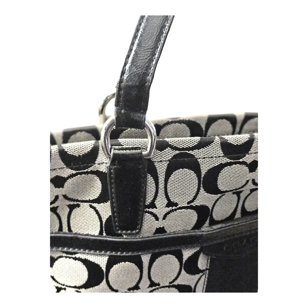 Coach‎ Signature Gallery Tote Black White Jacquard Patent Leather Shoulder Bag